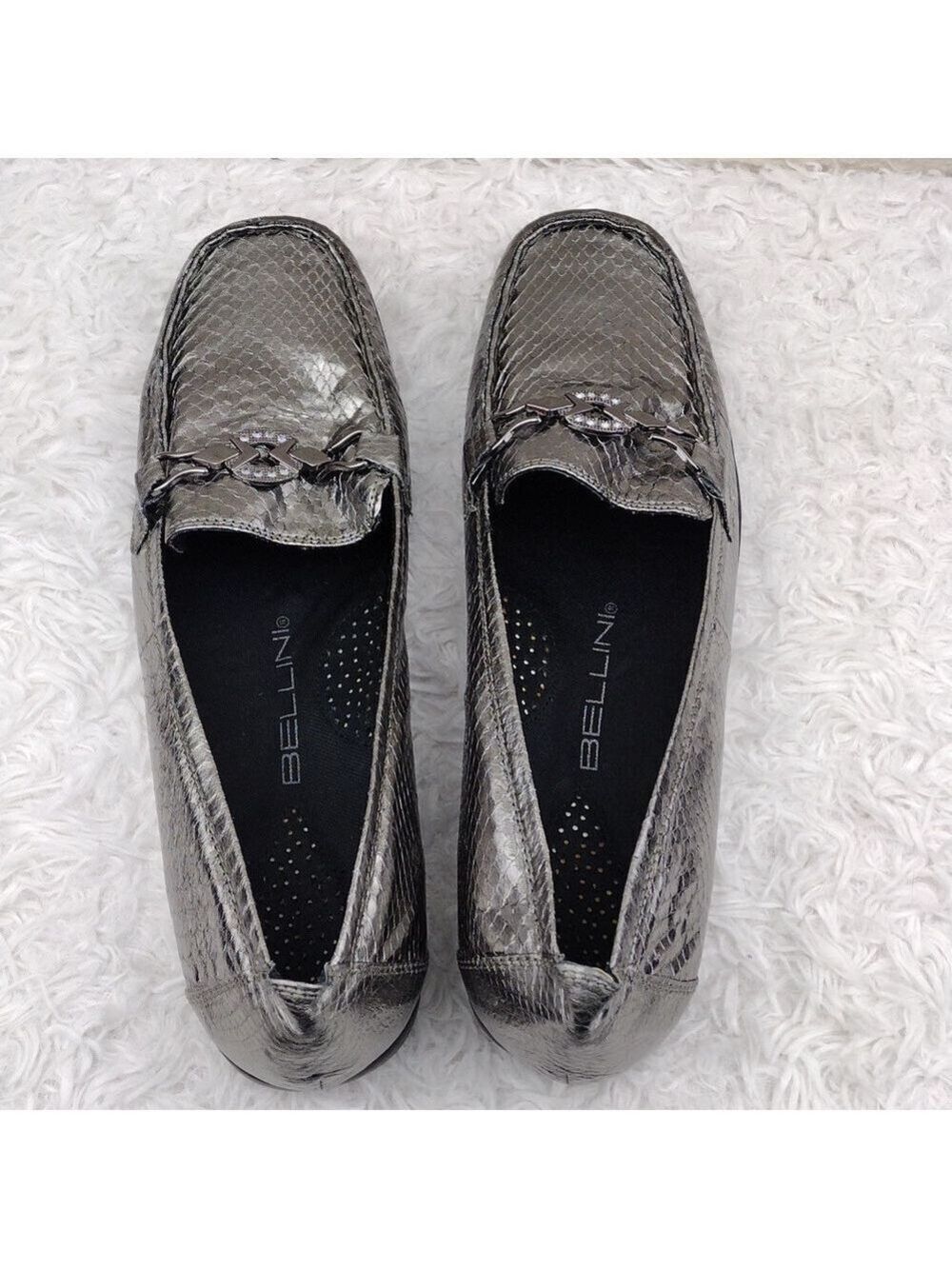 Bellini Abagail Silver Metallic Snakeskin Design Square Toe Low Wedged Heel Shoe - Picture 6 of 16